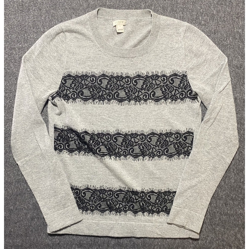 J Crew Sweatshirt Womens Size S Grey Black Lace Trim Accent Long Sleeve